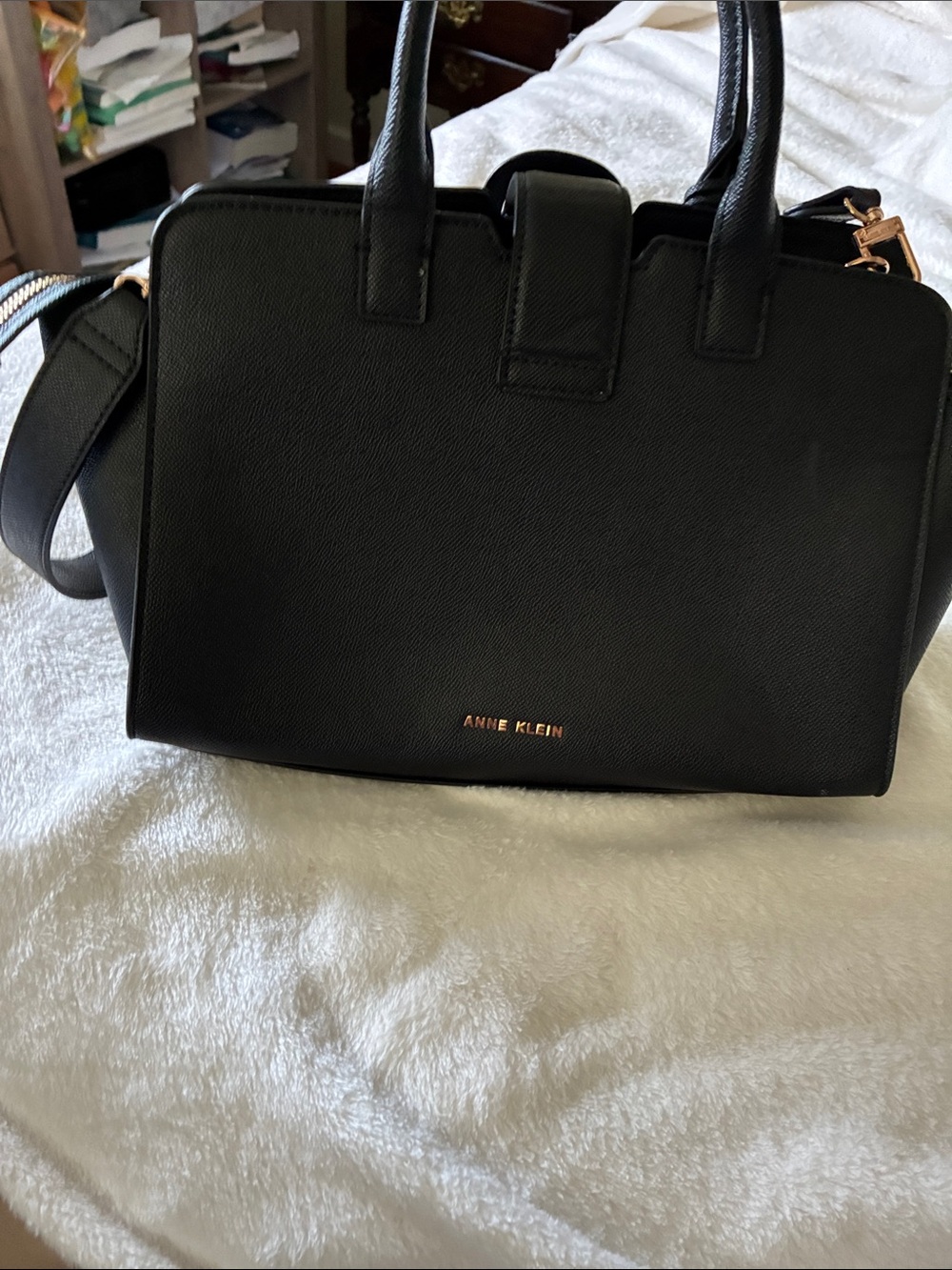 Anne Klein Black Structured Saffiano Satchel with Gold Accents